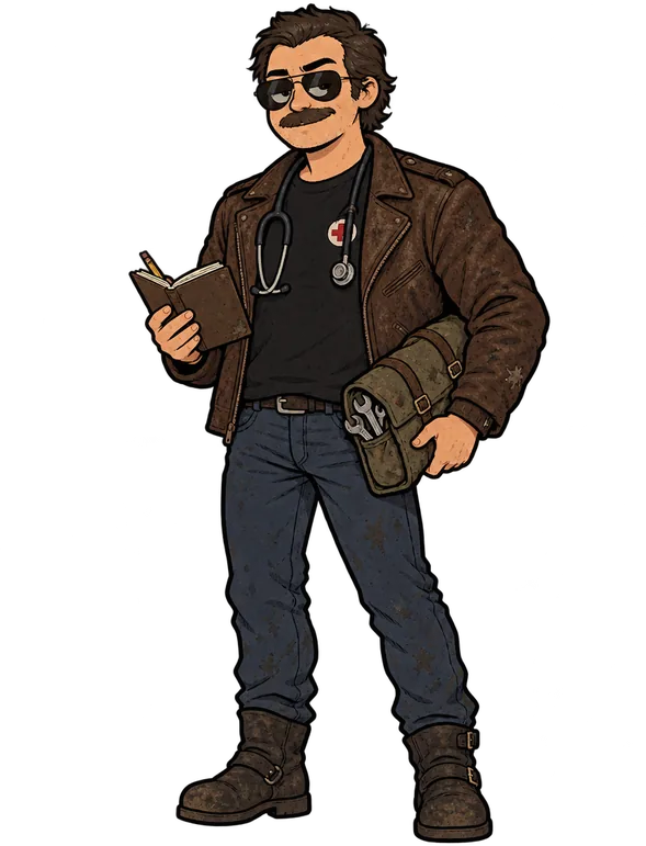 Doc, a man with a mustache and aviator sunglasses in a leather motorcycle jacket, holding a sketchbook and a tool roll