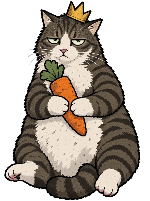 Jerry, a fat grey tabby in a small gold crown, hugging his carrot toy
