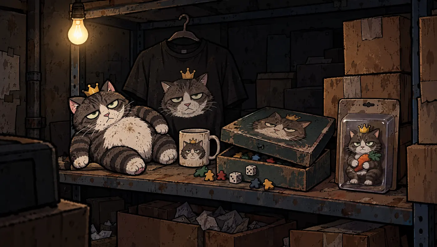 A cluttered shelf of prototype Jerry merchandise: a plush, a shirt, a mug, a board game and a boxed figure